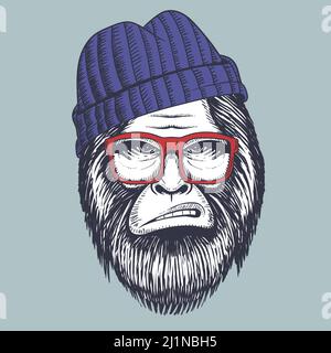 Bigfoot hand drawn wearing a red glasses and beanie Stock Vector