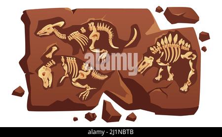 Dinosaur fossil bones, dino skeletons in piece of stone isolated on white background. Old dead prehistoric animals of jurassic ages. Paleontology, arc Stock Vector