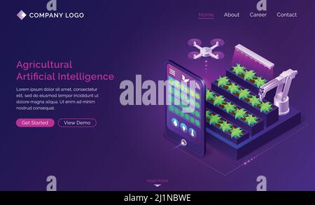 Agricultural artificial intelligence isometric landing page. Smart farming, ai technologies in farm industry. Robotics arm care of plants, smartphone Stock Vector