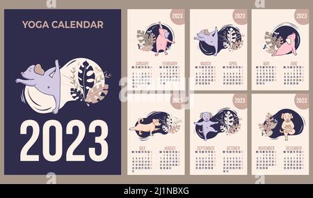 Annual Calendar 2023. Yoga pets. set of templates for 12 months with cute dogs, meditating, doing yoga and fitness. Vector illustration. week from Mon Stock Vector