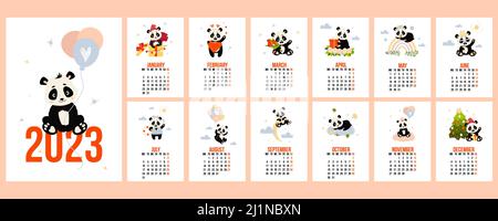 Annual calendar 2023 with cute panda. set of vertical templates, planner for 12 months 2023 and cover with bear on moon. Vector illustration. week fro Stock Vector