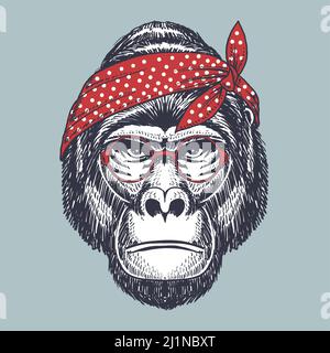 Gorilla hand drawn wearing a red glasses and bandana polka dot Stock Vector