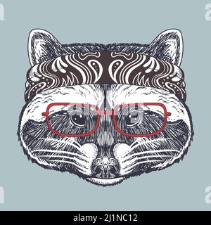 Raccoon hand drawn wearing a red glasses and bandana Stock Vector