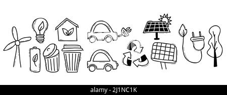 Ecology concept. Linear icons style vector illustration doodle drawing isolated on white background. Reduce, go green, reuse, refuse, Green energy, ec Stock Vector