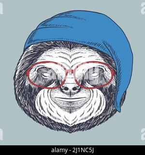 Sloth sleeping hand drawn wearing a red glasses and sleeping hat Stock Vector