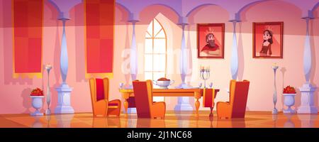 Dining room interior in royal castle with feast table, candles and portraits of king and queen on wall. Vector cartoon illustration of banquet hall in Stock Vector