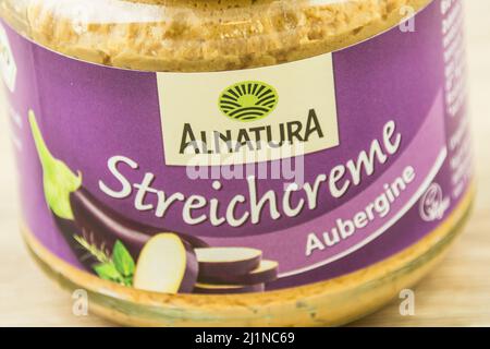 Hamburg, Germany - Febuary 22  2022: Alnatura Streichcreme Aubergine Brotaufstrich im Glas im Glas - Alnatura Aubergine spread in a jar Stock Photo