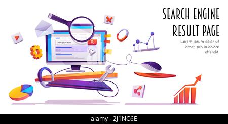 Search engine result page, SERP banner. Computer monitor with website browser information on screen, magnifying glass and infographic elements, intern Stock Vector