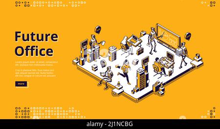 Future office banner. Innovation technologies of artificial intelligence in business work. Vector landing page of employment in office with isometric Stock Vector