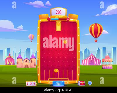 Mobile game app background, application vertical interface. Ui or Gui arcade with city fair, golden coins falling to slots on red field, medieval cast Stock Vector