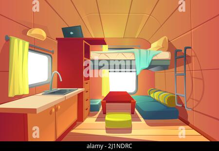 Camping trailer car interior with loft bed, couch, kitchen sink, desk with laptop, bookshelf and window. Rv motor home room inside view, cozy place fo Stock Vector