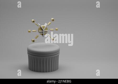 Beautiful abstract illustrations Yuan symbol icons on a column and wonderful background. 3d rendering illustration. Background pattern for design. Stock Photo