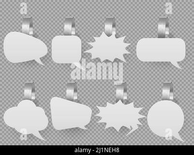 Wobbler speech bubbles mockup set. Blank price pop up tags hang on wall. White paper promotion clouds stickers on plastic transparent strip. Isolated Stock Vector
