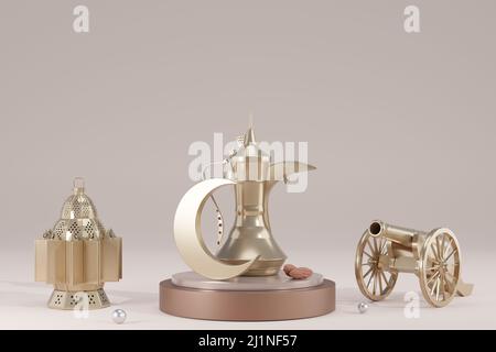 Islamic background, Gift box, lantern, gold crescent moon on white. Design concept of ramadan kareem, mawlid, iftar,isra and miraj or eid al fitr adha Stock Photo