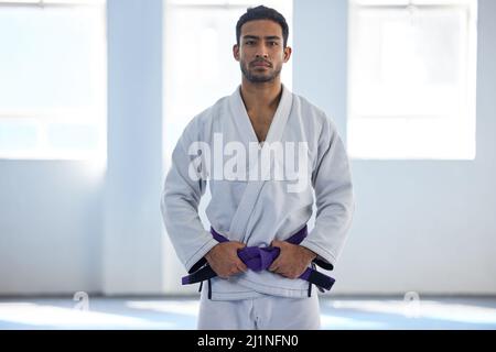 Im almost at the top. Cropped portrait of a handsome young male martial artist standing with his hands on his belt in the gym. Stock Photo