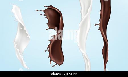 Milk and chocolate streams, pouring white and brown swirl liquids with splashing droplets isolated on blue background. Dynamic elements for package pr Stock Vector