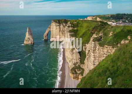 Majestic Atlantic coastline landscape. Admirable waterfront cliffs in Etretat, Normandy, France, Europe Stock Photo