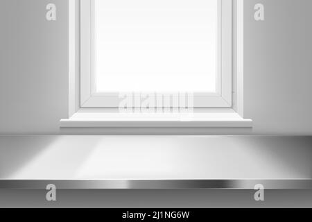 Steel table surface top view front of window with sun light on white wall background. Kitchen or cafe interior with stainless desk, inner design proje Stock Vector