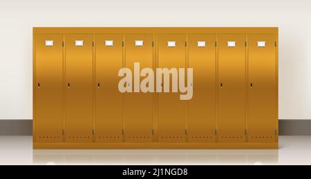 Gold lockers, vector school or gym changing room metal cabinets. Row of realistic 3d yellow storage furniture with keyholes and blank nameplates on cl Stock Vector
