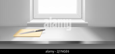 Kitchen steel table with wooden cutting board and knife. Vector realistic illustration of clean metal table surface near window. Kitchenware for cooki Stock Vector