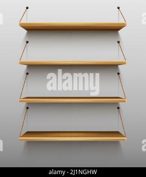 Empty wooden bookshelves on wall, shelves for books in library, wood rack hanging on ropes in store, brown timber planks for storage or gallery exhibi Stock Vector