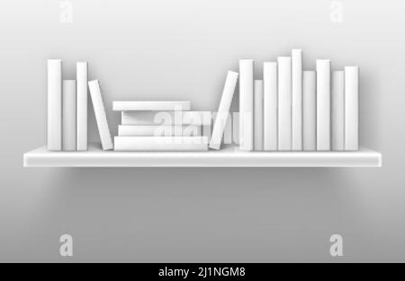 White bookshelf mockup, books on shelf in library, home, school or office interior. Volumes with blank paperback stand in row and lying in pile on rac Stock Vector