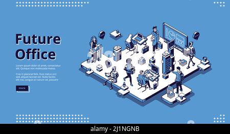 Future office isometric landing page. Human and ai robots work together. Robotic employees with people in futuristic workplace. Cyborgs automation art Stock Vector