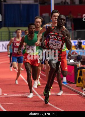 Abel Kipsang KEN  and Jakob Ingebrigtsen NOR competing in the 1500m final on Day Three of the World Athletics Indoor Championships Belgrade 2022 at Be Stock Photo