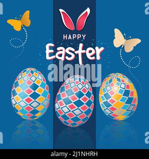 Happy Easter Bright Colorful Greeting Card Design. Butterflies, bunny ears, and colorful pattern design eggs square banner vector illustration. Spring Stock Vector