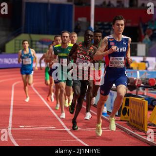 Abel Kipsang KEN  and Jakob Ingebrigtsen NOR competing in the 1500m final on Day Three of the World Athletics Indoor Championships Belgrade 2022 at Be Stock Photo