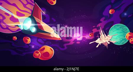 Spaceship in outer space with planets in starry sky with nebula and flying galaxy city or station with high towers. Cosmos, universe futuristic fantas Stock Vector