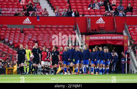Manchester United and Everton players walk out before the Barclays FA Women's Super League match at Old Trafford, Manchester. Picture date: Sunday March 27, 2022. Stock Photo