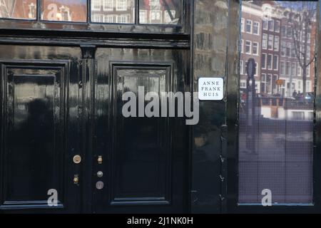 Front door of Anne Frank House in Amsterdam, Netherlands