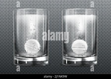 Effervescent pills with fizz bubbles in water glass. Aspirin tablets, soluble vitamin or headache pharmaceutical remedy capsules, isolated on transpar Stock Vector