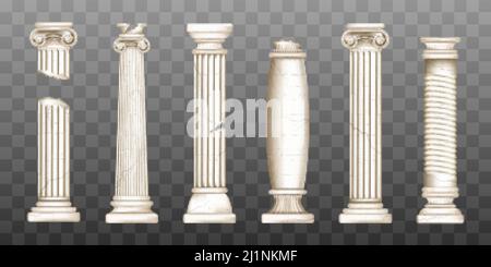 Ancient roman columns, marble baroque architecture. Vector realistic old broken antique greek pillars with capitals in doric, corinthian, ionic and tu Stock Vector
