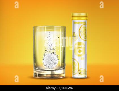Effervescent vitamin C pills with fizz bubbles in water glass and closed bottle. Soluble tablets, pharmaceutical remedy capsules, isolated on orange b Stock Vector
