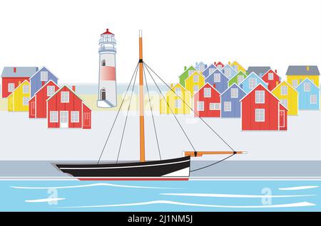 old sailing ship in small port illustration Stock Vector