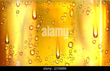 Condensation water or beer droplets on glass yellow background. Rain drops on window, abstract wet texture, cold juice or champagne alcohol beverage i Stock Vector