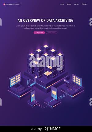 Archive with folders in cabinets and computers. Overview of data archiving banner. Vector isometric illustration of database, digital storage, sharing Stock Vector