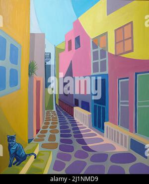 original oil painting of colourful street scene in Mykonos Greece with cat Stock Photo