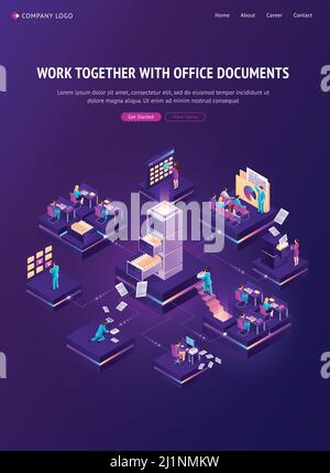 Work with documents isometric landing page, office people working with archive and database around of huge electronic drawer with files. Business admi Stock Vector