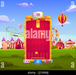 Mobile game app background, application vertical interface. Ui or Gui arcade with attraction park or fair, gold coins fall to slots on red field, cast Stock Vector