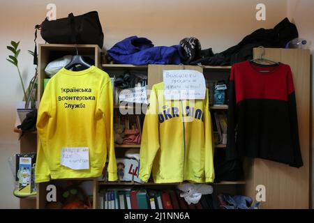 Jackets on the hangers are pictured at a centre that provides humanitarian assistance to internally displaced persons who fled the hostilities waged by the Russian invaders, in Ivano-Frankivsk, western Ukraine, on March 24, 2022. Photo by Yurii Rylchuk/Ukrinform/ABACAPRESS.COM Stock Photo