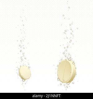 Effervescent soluble tablet with bubbles in water isolated on transparent background. Vector realistic mockup of white fizzy pill, dissolving medicine Stock Vector