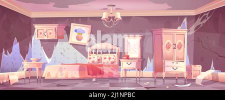 Old dirty bedroom in shabby chic style with broken furniture. Vector cartoon illustration of empty abandoned home interior with mess, torn wallpapers, Stock Vector