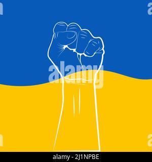 Fist silhouette on Ukrainian national flag. Stay strong and stop the war in Ukraine. No war banner or template. Vector illustration Stock Vector