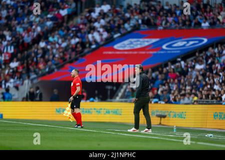 Switzerland manager Murat Yakin on the touchline during the Alzheimer's Society international match at Wembley Stadium, London. Picture date: Saturday March 26, 2022. Stock Photo