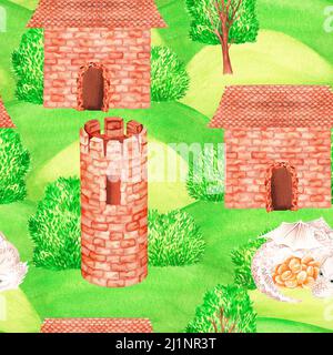 Seamless Pattern. Castle on the hill and the dragon. Watercolor illustration. Isolated on a white background. For design of clothing, nursery interior Stock Photo