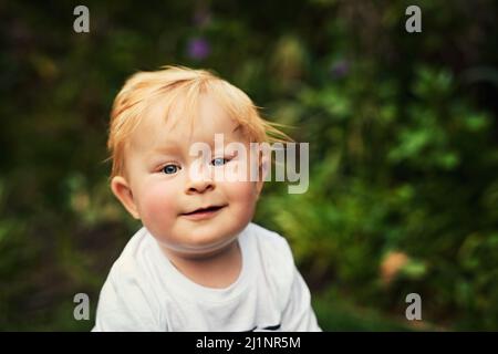 Im a boy for the playground. Shot of an adorable little boy playing in the backyard. Stock Photo