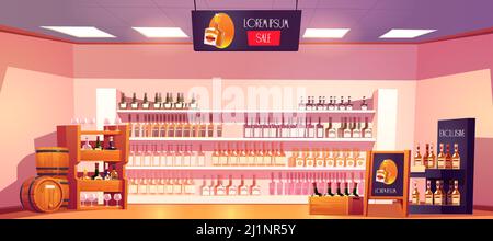 Alcohol shop with bottles, wooden rack, shelves, barrels and advertising stand. Vector cartoon interior of alcoholic drinks market with bottles of win Stock Vector